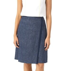 AKRIS PUNTO Linen Wrap Skirt Blue Midi Fringe Trim Fully Lined US 4